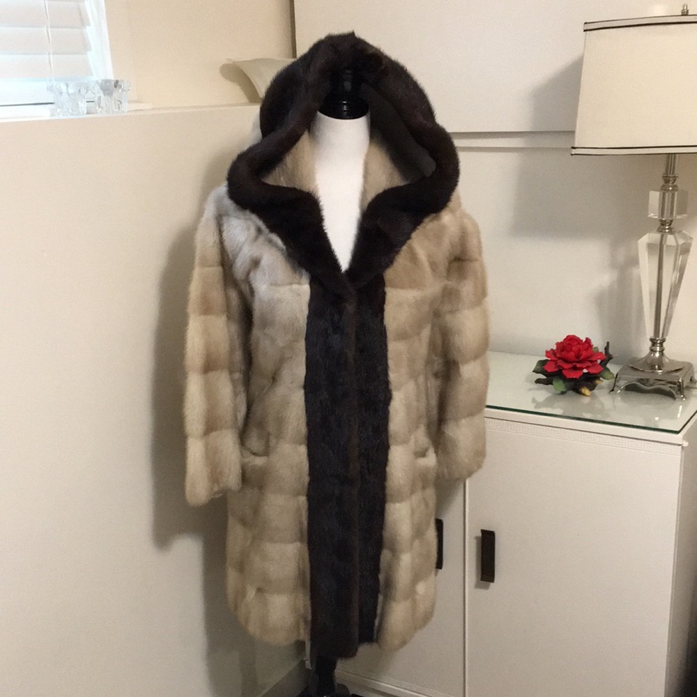 Luxury Two-Tone Hooded Fur Coat - Beige with Dark Brown Trim